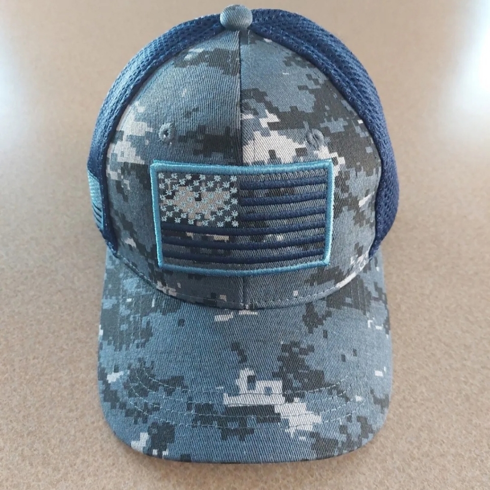 Blue Camo USA Flag Baseball Cap Hat Low Profile Adult Removable Patch Mesh Navy